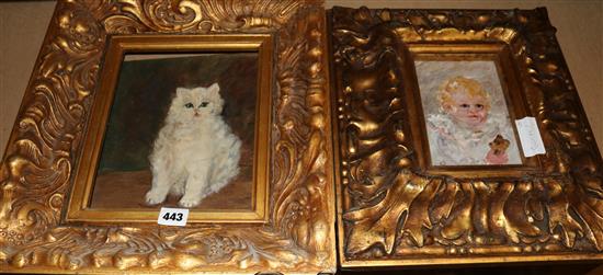 2 ornate gilt framed cat & child paintings